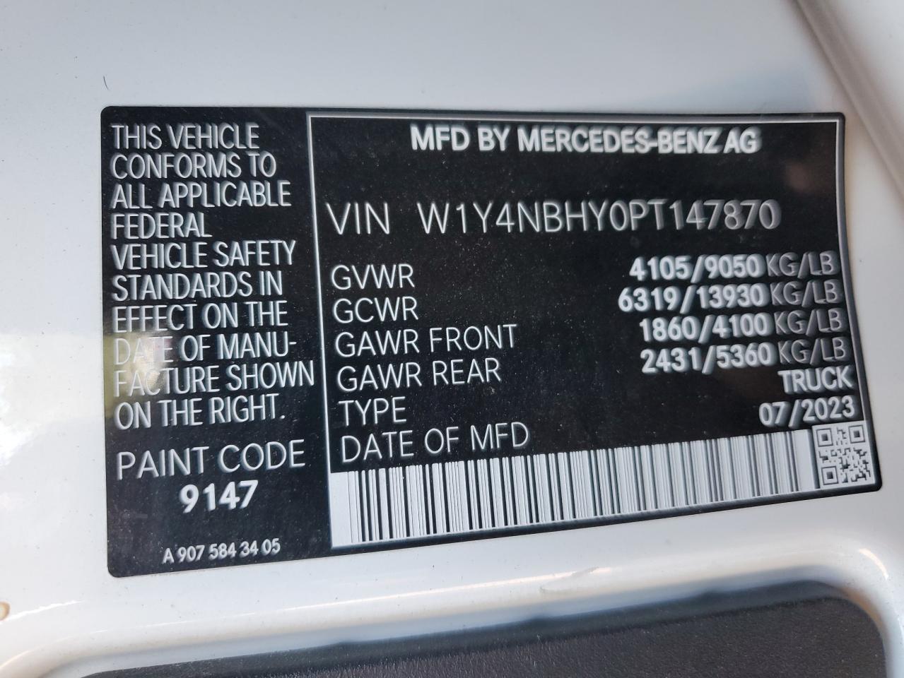 2023 Mercedes-Benz Sprinter 2500 VIN: W1Y4NBHY0PT147870 Lot: 67999405