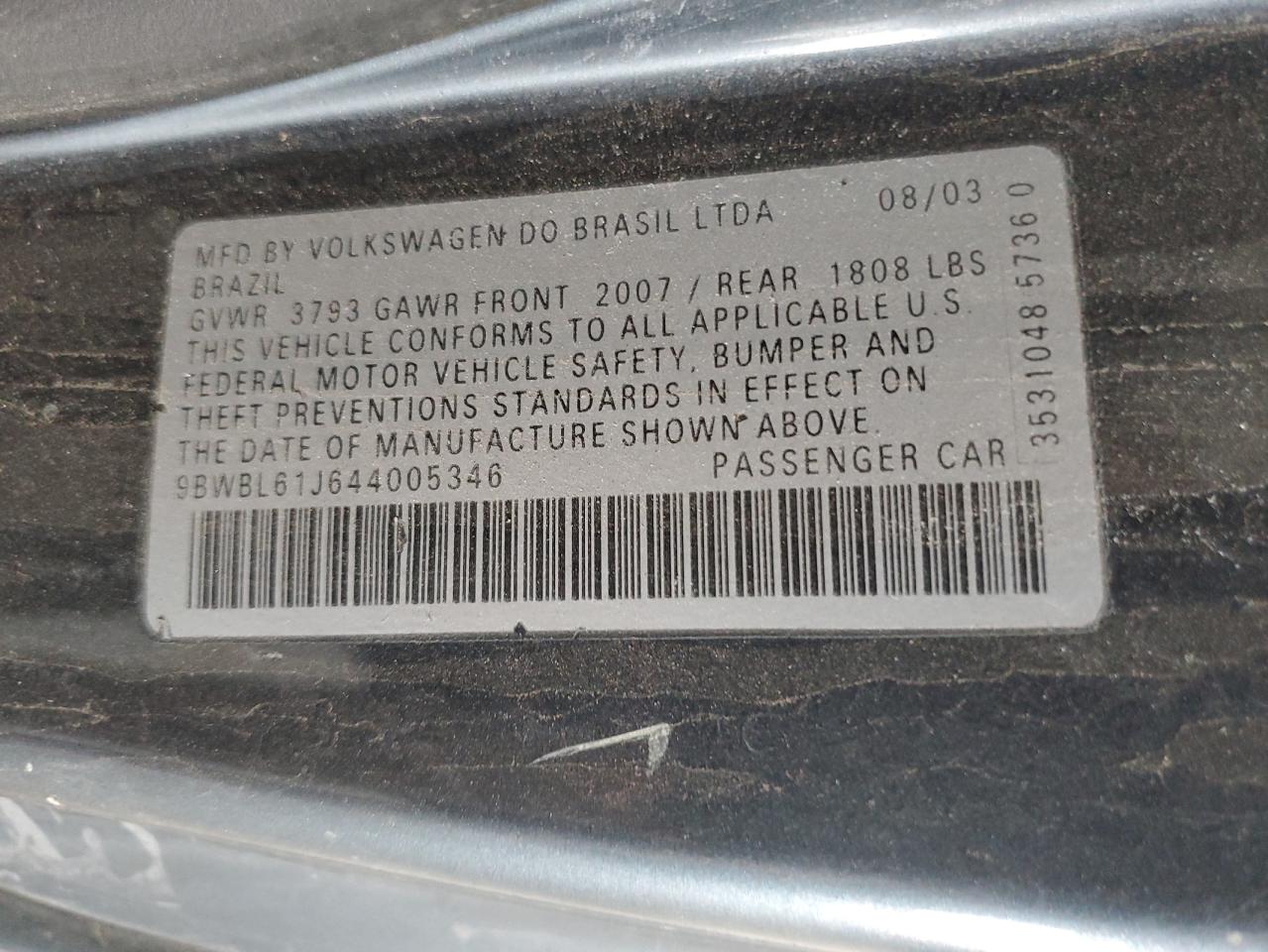 2004 Volkswagen Golf Gl VIN: 9BWBL61J644005346 Lot: 69628995