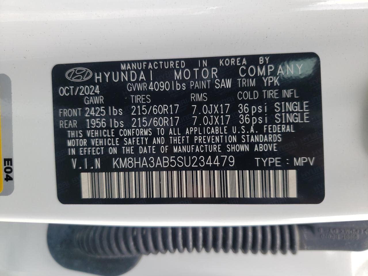 2025 Hyundai Kona Se VIN: KM8HA3AB5SU234479 Lot: 67273115