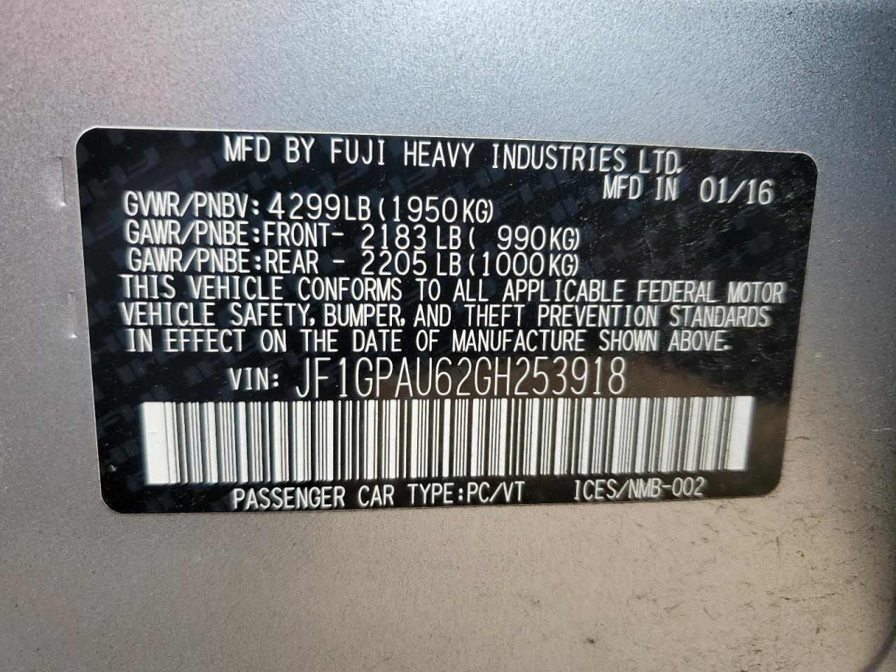 2016 Subaru Impreza Sport Limited VIN: JF1GPAU62GH253918 Lot: 67985875