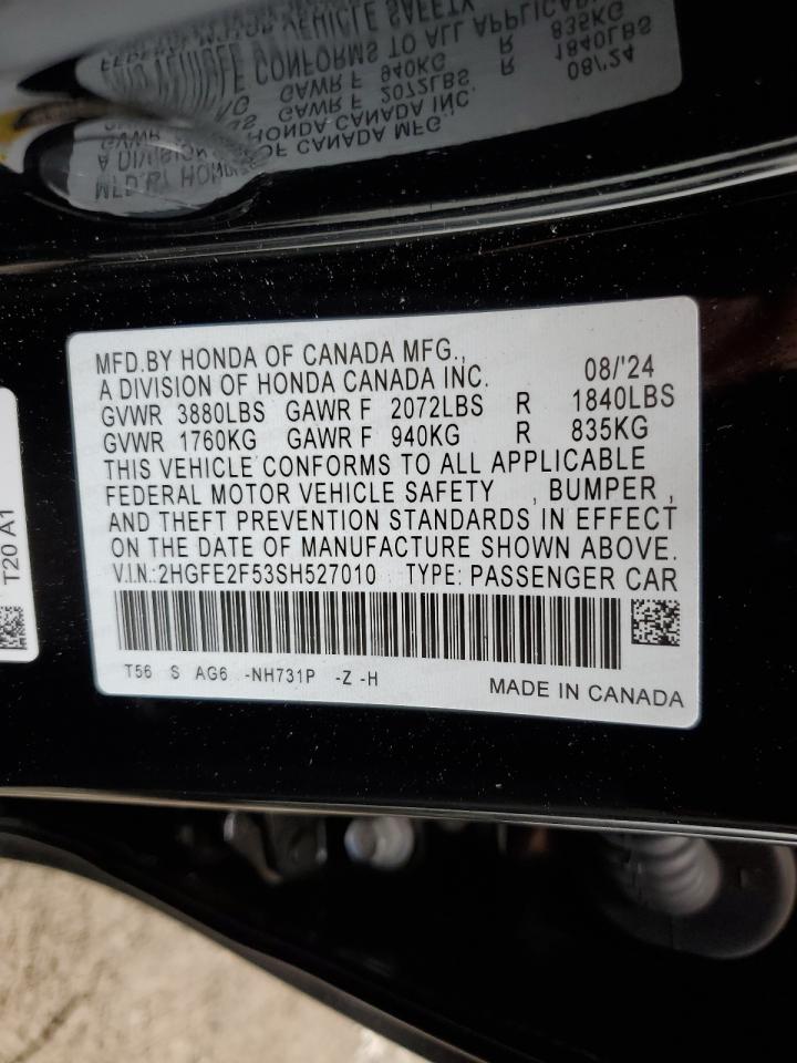 2025 Honda Civic Sport VIN: 2HGFE2F53SH527010 Lot: 67361465