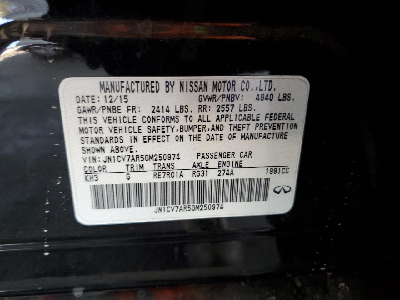 2016 Infiniti Q50 Base VIN: JN1CV7AR5GM250974 Lot: 70506695