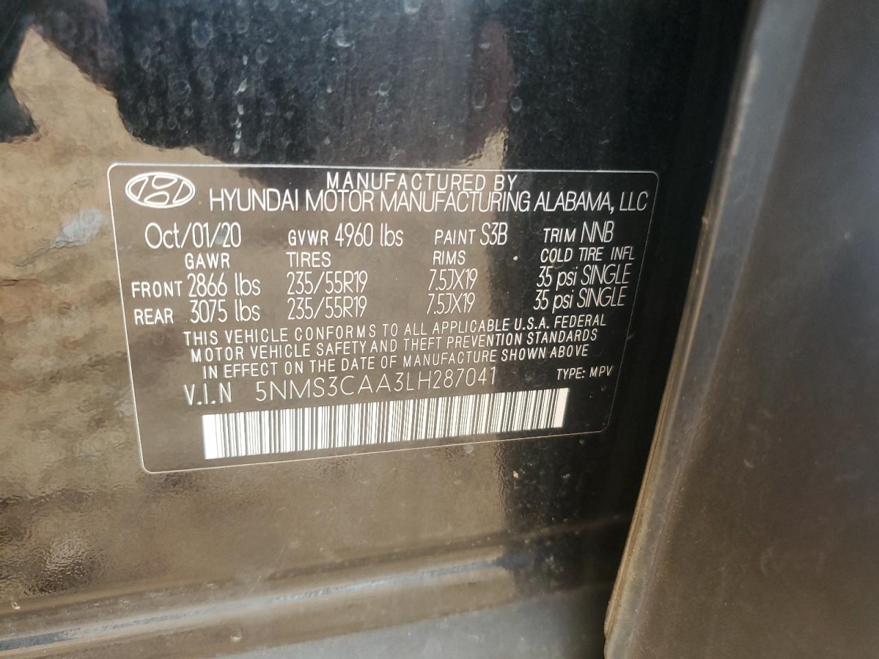 2020 Hyundai Santa Fe Sel VIN: 5NMS3CAA3LH287041 Lot: 68447355