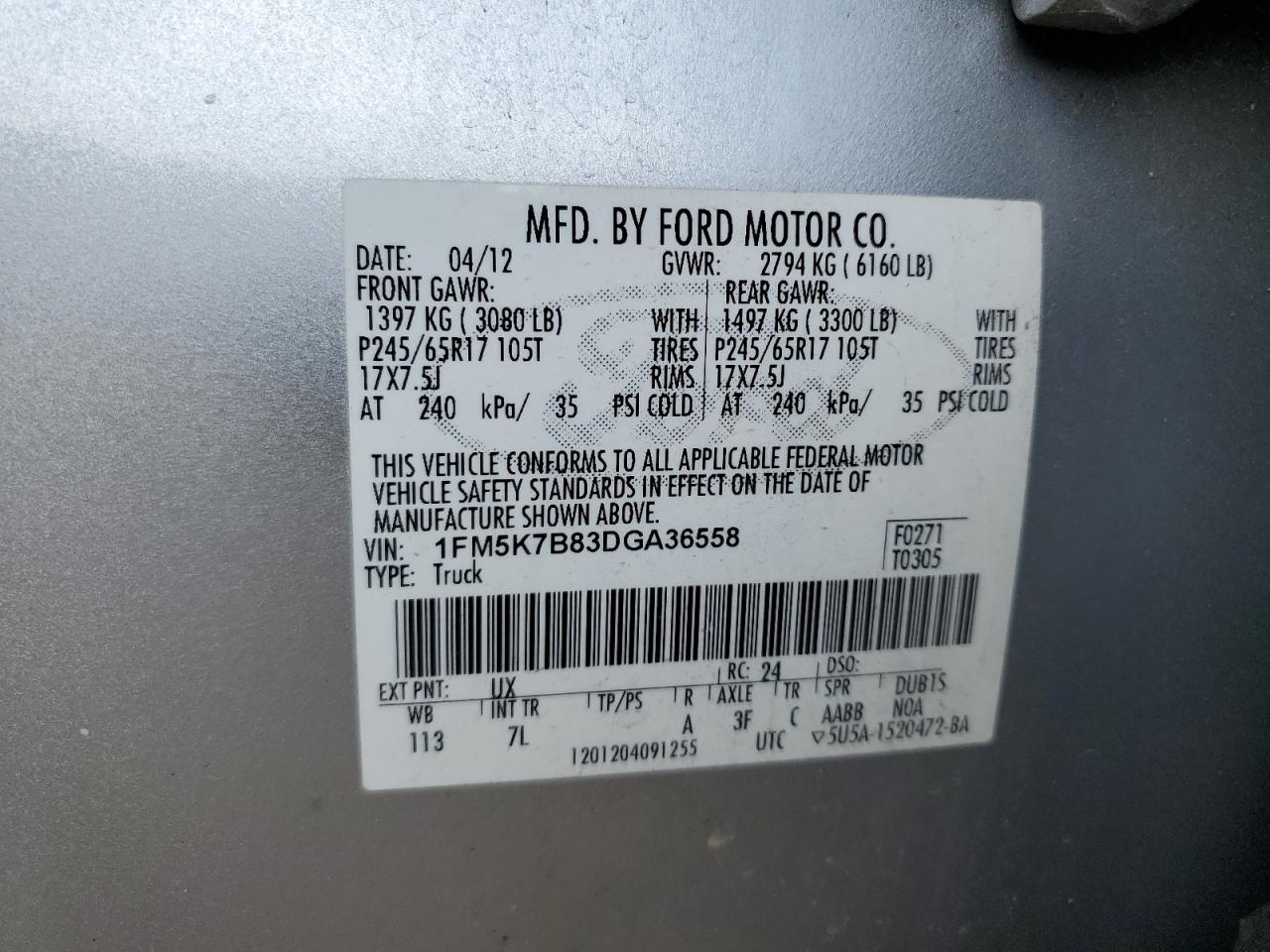 2013 Ford Explorer VIN: 1FM5K7B83DGA36558 Lot: 67895415