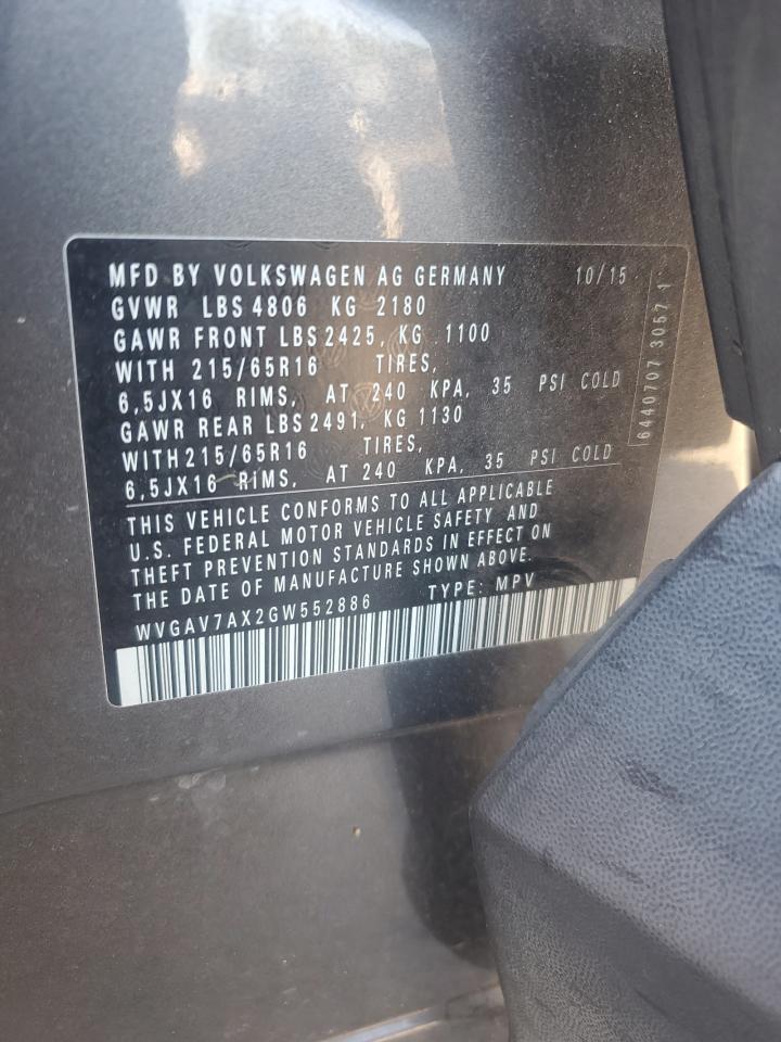 2016 Volkswagen Tiguan S VIN: WVGAV7AX2GW552886 Lot: 70595895