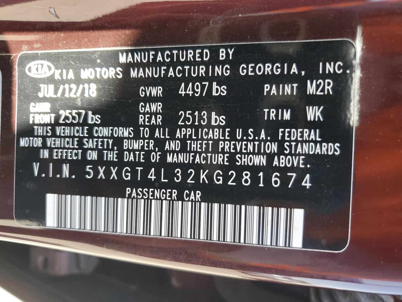 2019 Kia Optima Lx VIN: 5XXGT4L32KG281674 Lot: 68474645