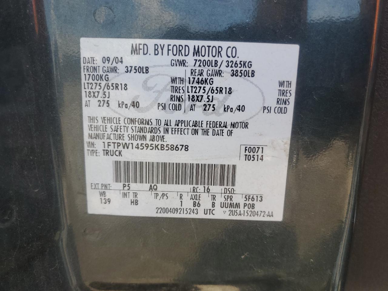 2005 Ford F150 Supercrew VIN: 1FTPW14595KB58678 Lot: 91576545