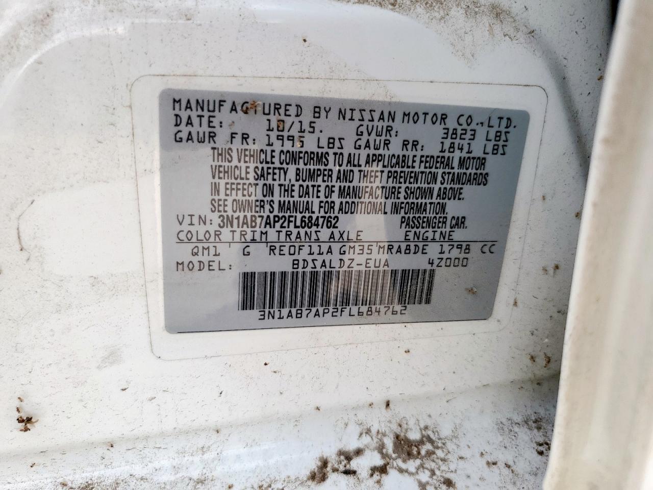 2015 Nissan Sentra S VIN: 3N1AB7AP2FL684762 Lot: 70773865