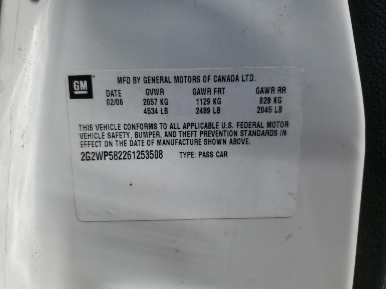 2006 Pontiac Grand Prix VIN: 2G2WP582261253508 Lot: 70728775