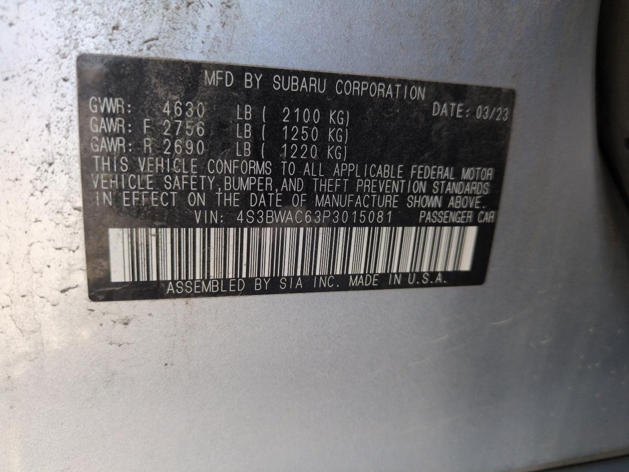 2023 Subaru Legacy Premium VIN: 4S3BWAC63P3015081 Lot: 68158225