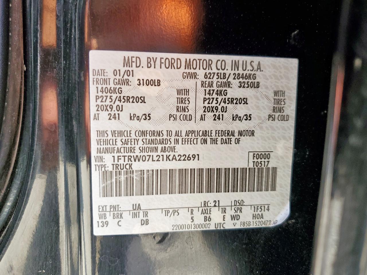 2001 Ford F150 Supercrew VIN: 1FTRW07L21KA22691 Lot: 90836245