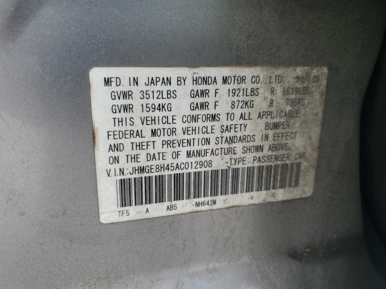 2010 Honda Fit Sport VIN: JHMGE8H45AC012908 Lot: 67771185