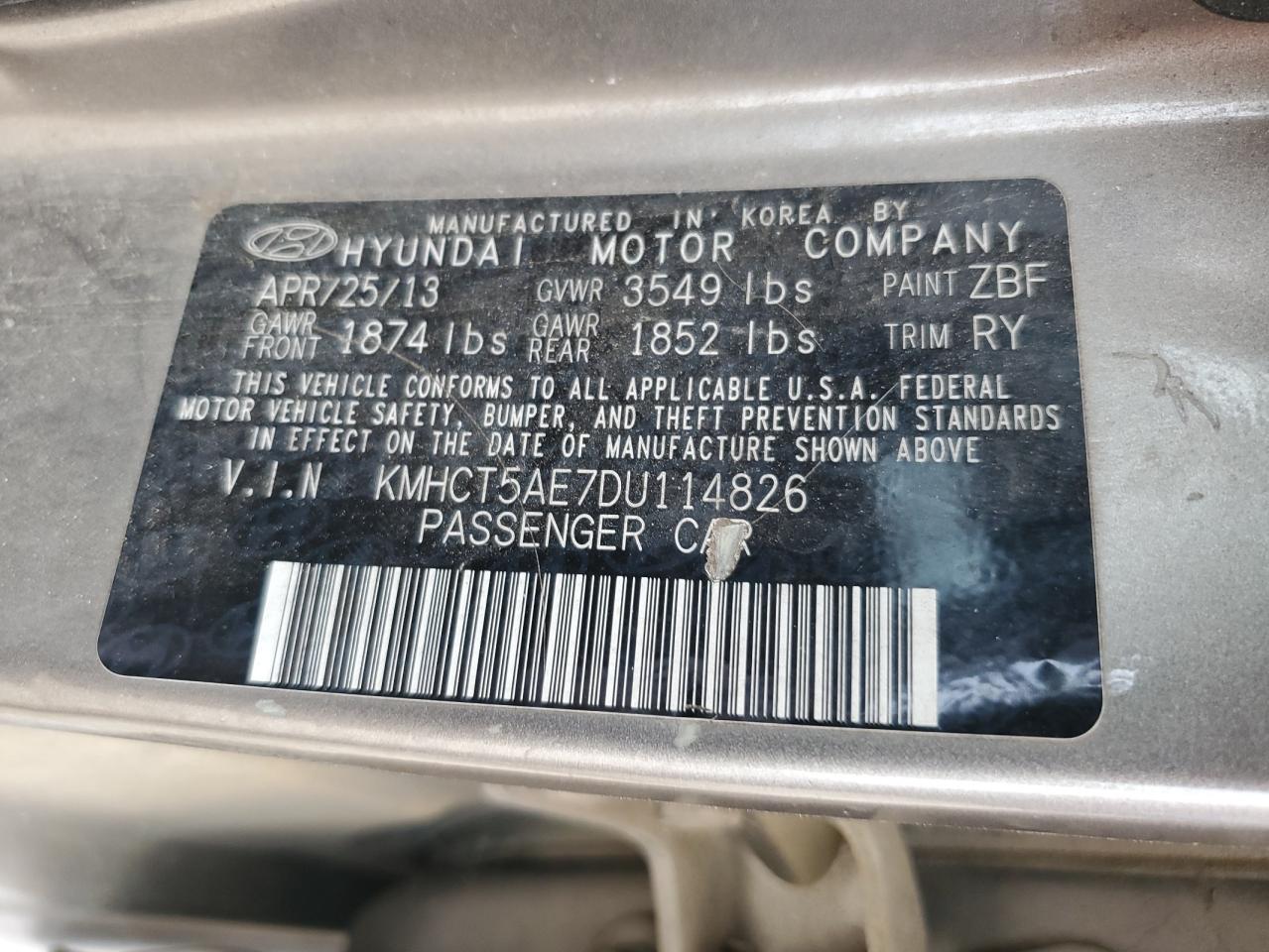 2013 Hyundai Accent Gls VIN: KMHCT5AE7DU114826 Lot: 68003325