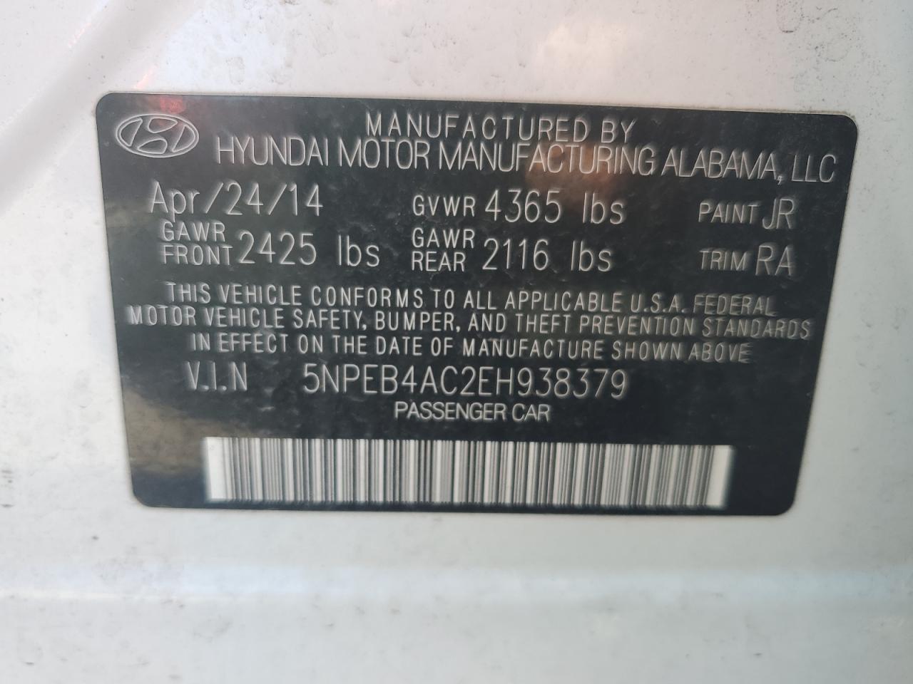 2014 Hyundai Sonata Gls VIN: 5NPEB4AC2EH938379 Lot: 68777355