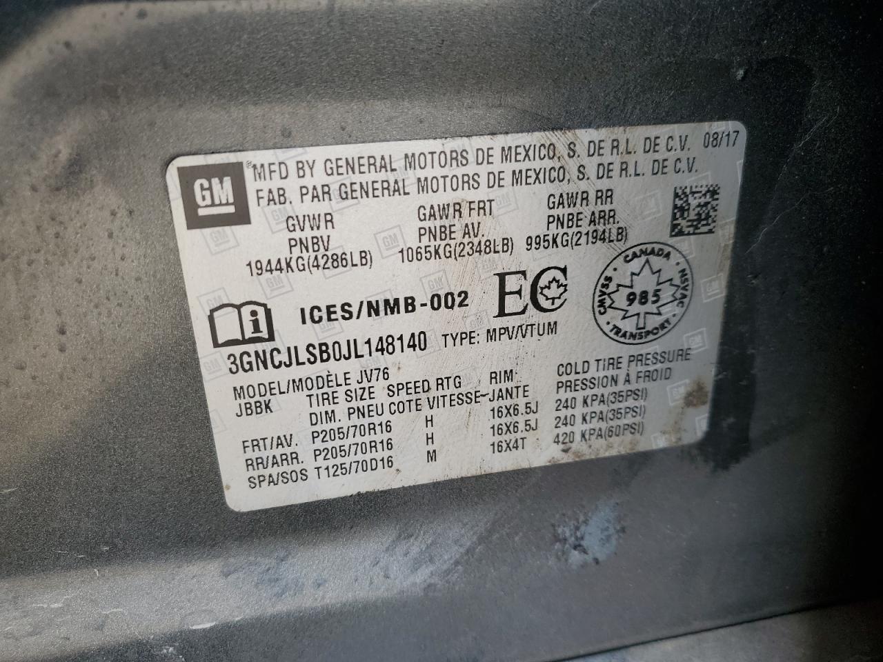 2018 Chevrolet Trax 1Lt VIN: 3GNCJLSB0JL148140 Lot: 69277385