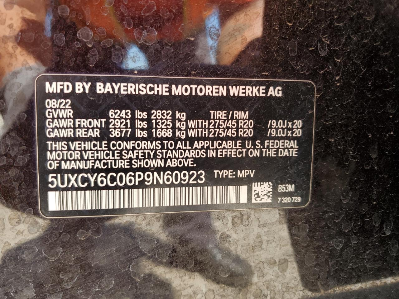 2023 BMW X6 xDrive40I VIN: 5UXCY6C06P9N60923 Lot: 67380375