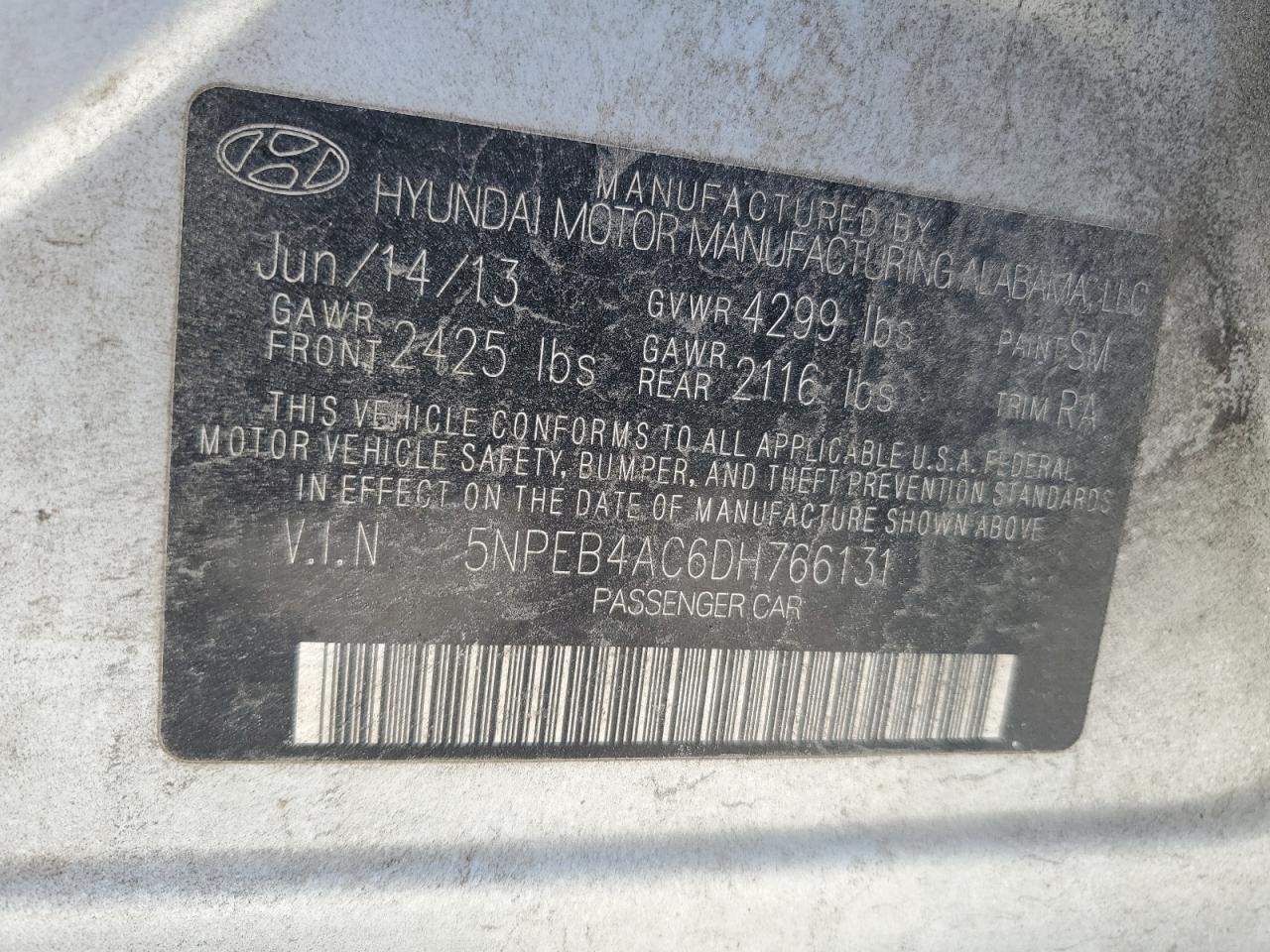 2013 Hyundai Sonata Gls VIN: 5NPEB4AC6DH766131 Lot: 70764075
