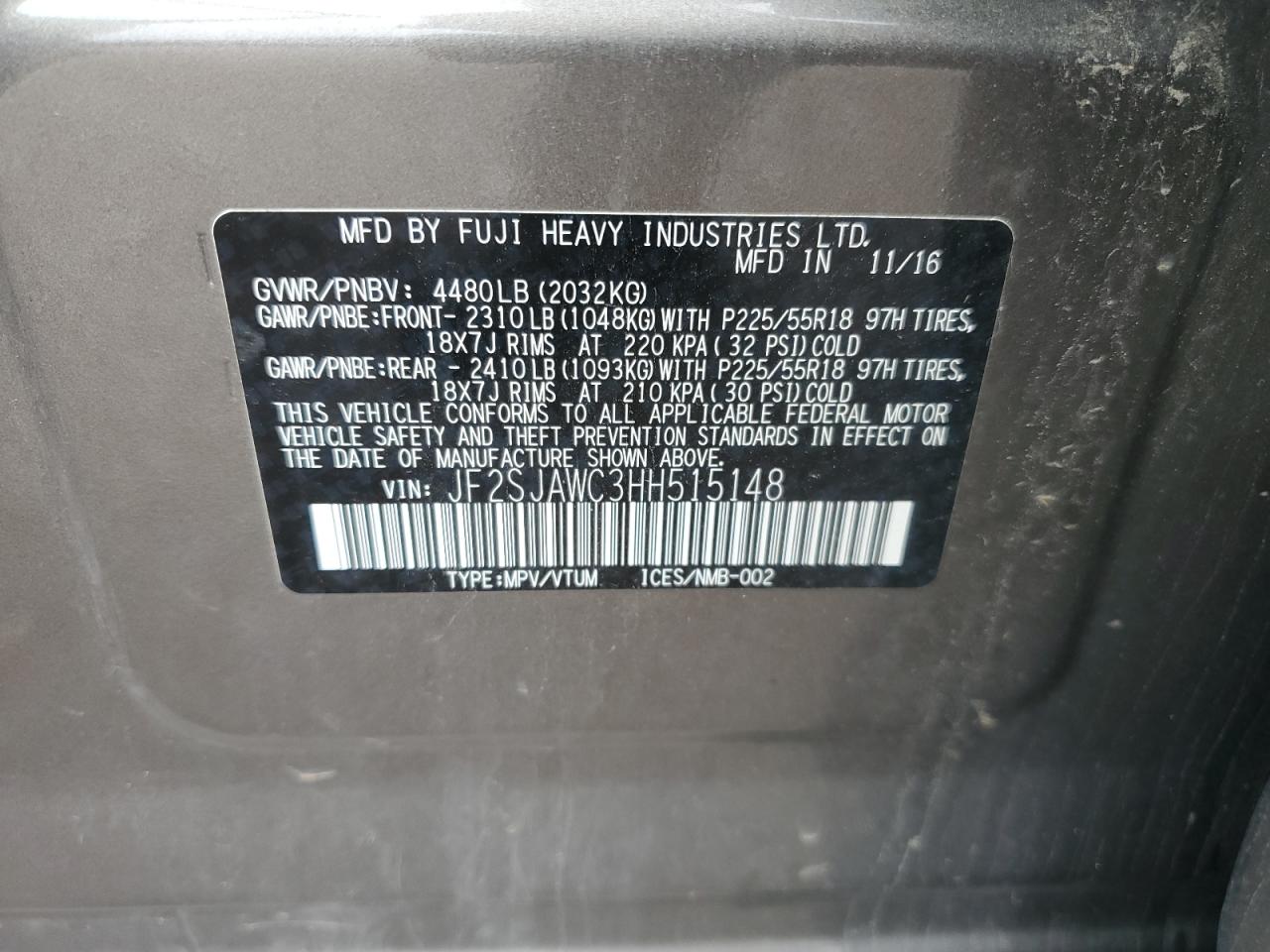 2017 Subaru Forester 2.5I Touring VIN: JF2SJAWC3HH515148 Lot: 67452015