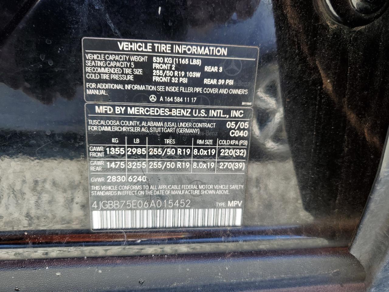 2006 Mercedes-Benz Ml 500 VIN: 4JGBB75E06A015452 Lot: 66680165