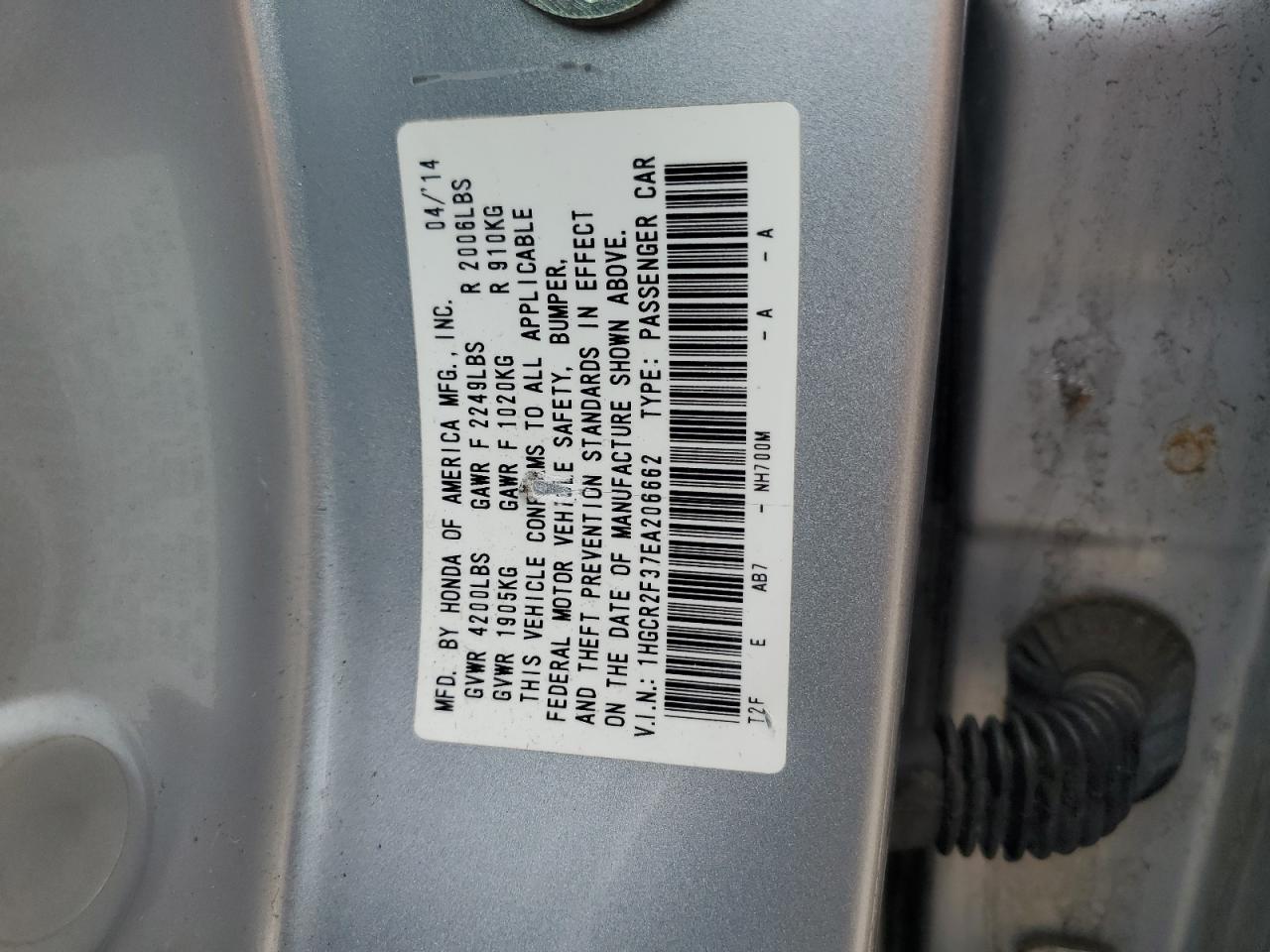 2014 Honda Accord Lx VIN: 1HGCR2F37EA206662 Lot: 69553335