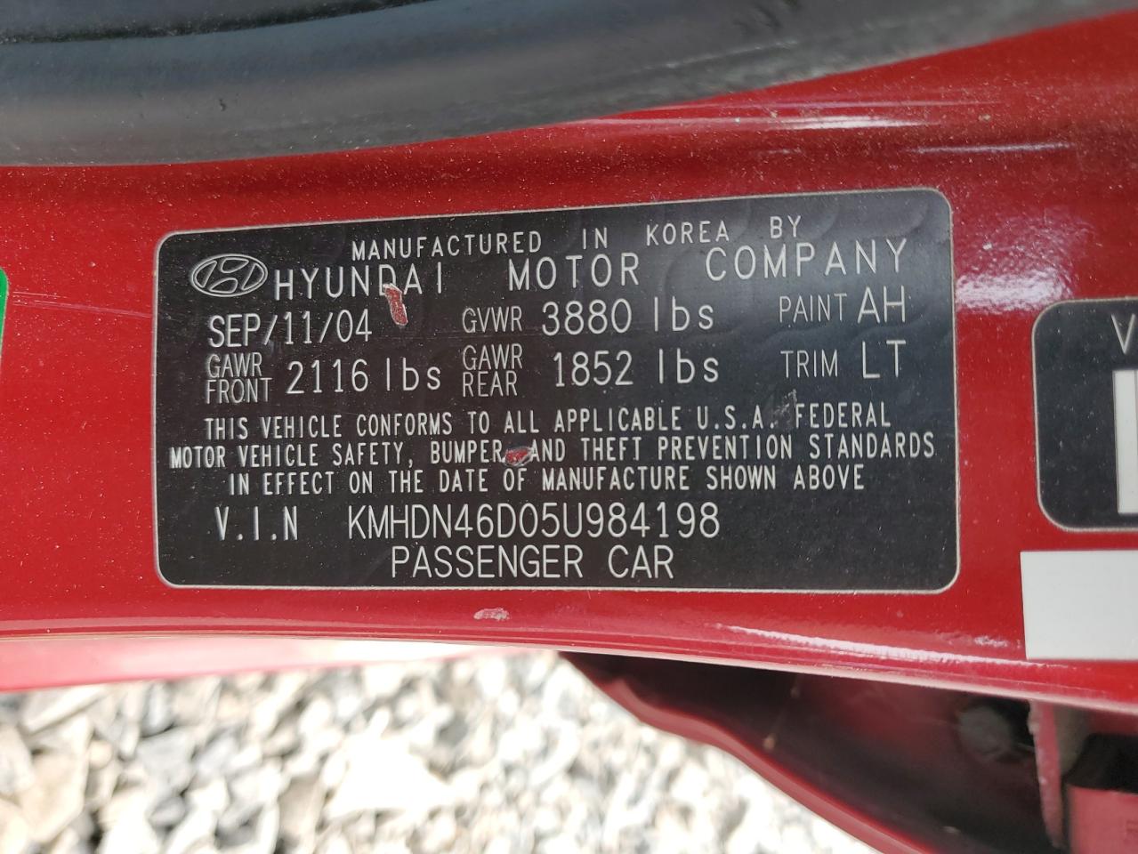 2005 Hyundai Elantra Gls VIN: KMHDN46D05U984198 Lot: 67366335