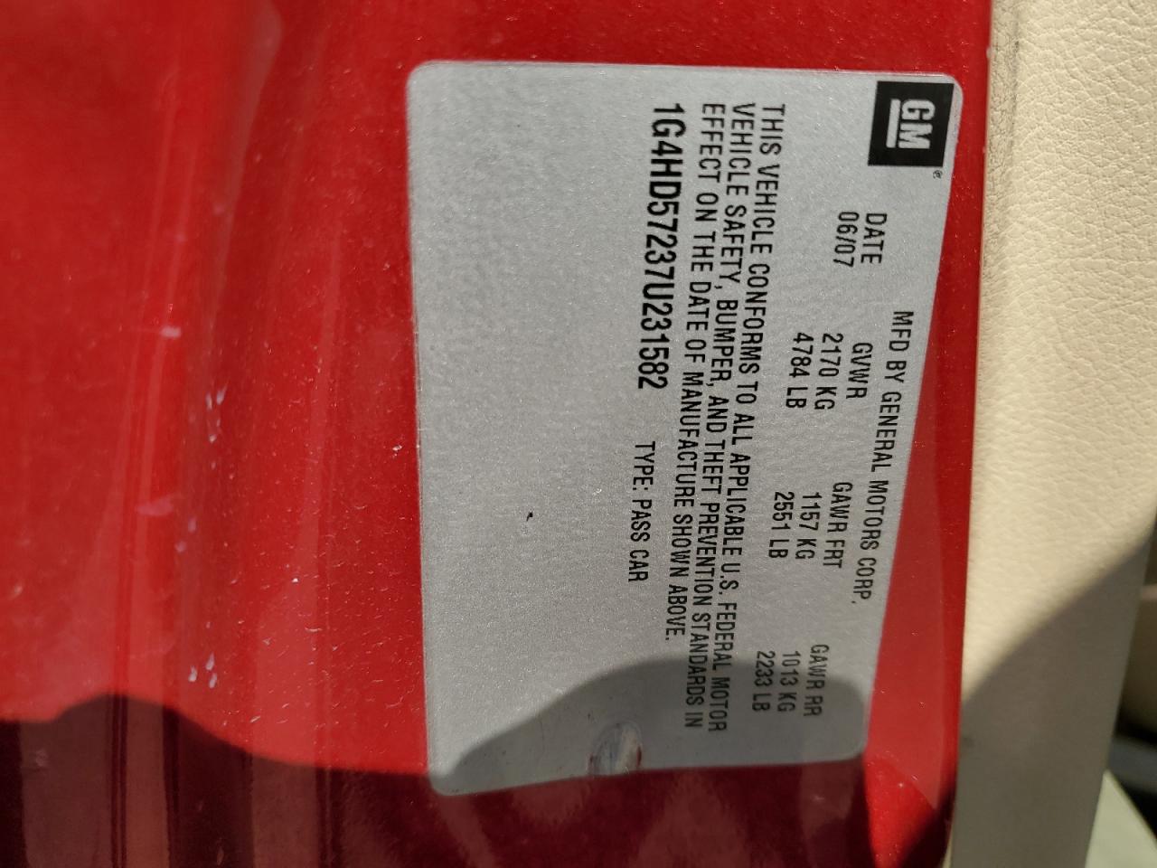 2007 Buick Lucerne Cxl VIN: 1G4HD57237U231582 Lot: 67180305