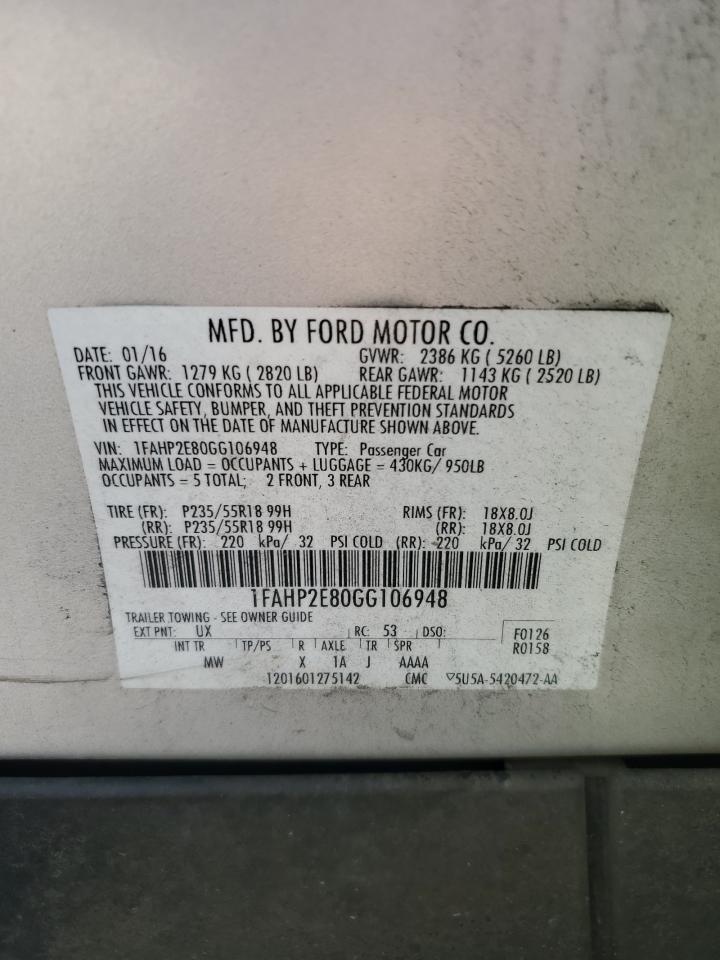 2016 Ford Taurus Sel VIN: 1FAHP2E80GG106948 Lot: 69306655