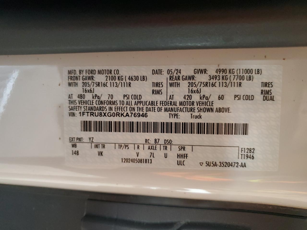2024 Ford Transit T-350 Hd VIN: 1FTRU8XG0RKA76946 Lot: 70914865