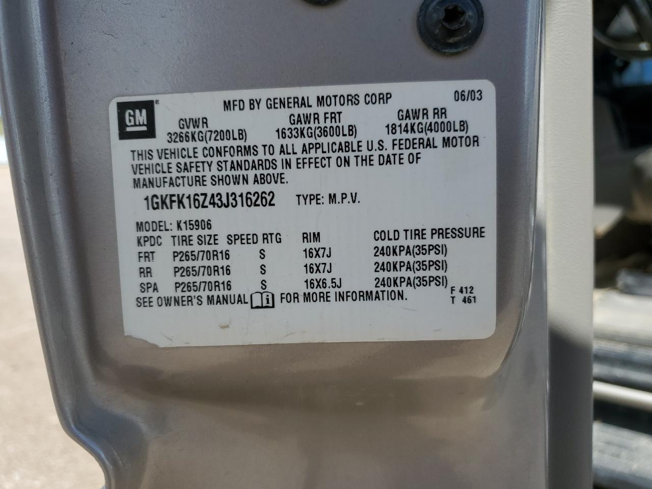 2003 GMC Yukon Xl K1500 VIN: 1GKFK16Z43J316262 Lot: 70391635