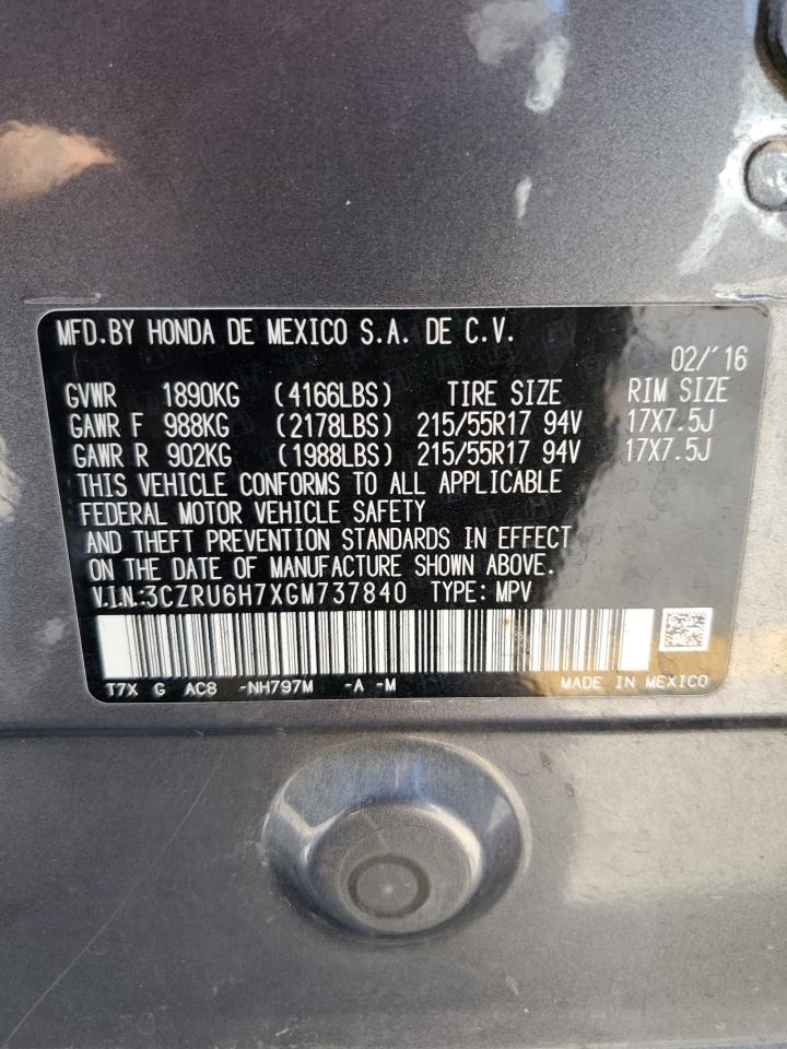 2016 Honda Hr-V Exl VIN: 3CZRU6H7XGM737840 Lot: 70732115