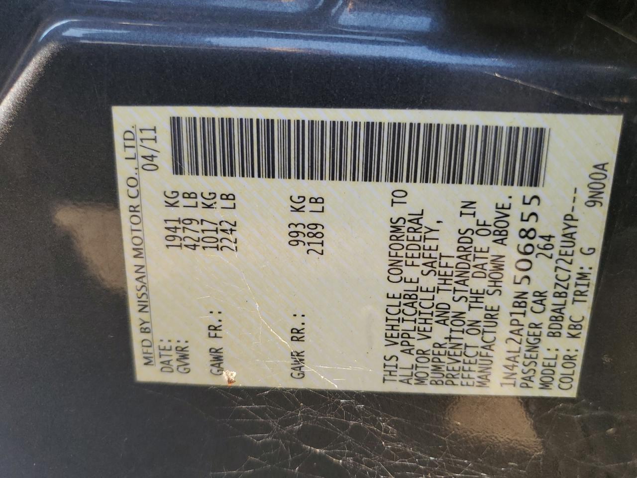 2011 Nissan Altima Base VIN: 1N4AL2AP1BN506855 Lot: 68455525