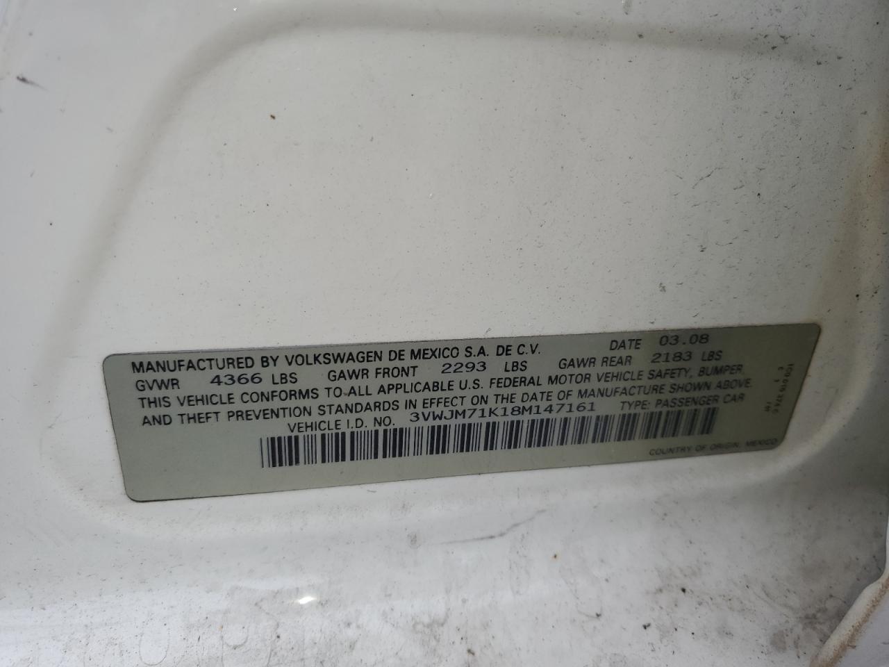 2008 Volkswagen Jetta S VIN: 3VWJM71K18M147161 Lot: 70567685