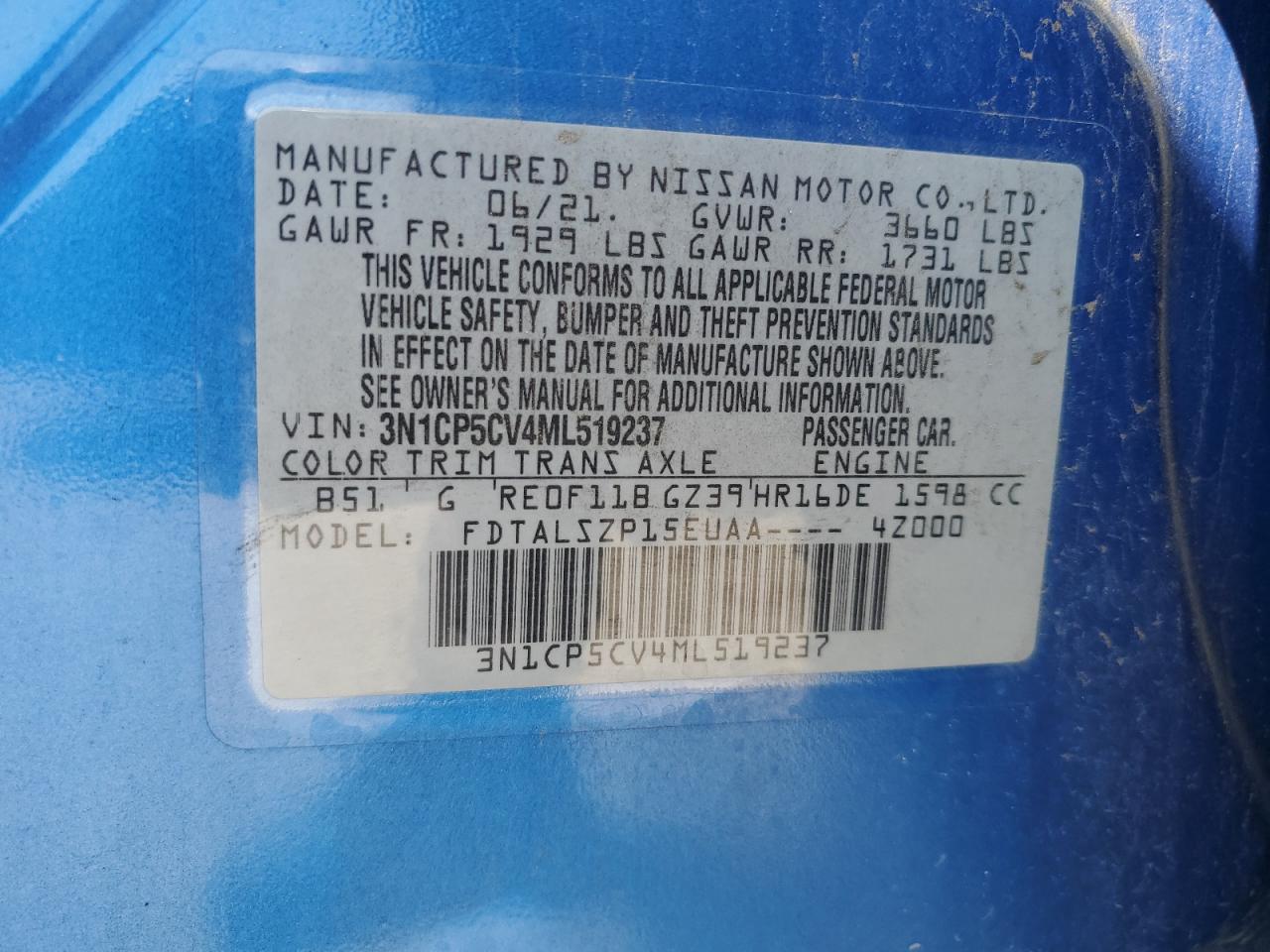 2021 Nissan Kicks Sv VIN: 3N1CP5CV4ML519237 Lot: 69450275