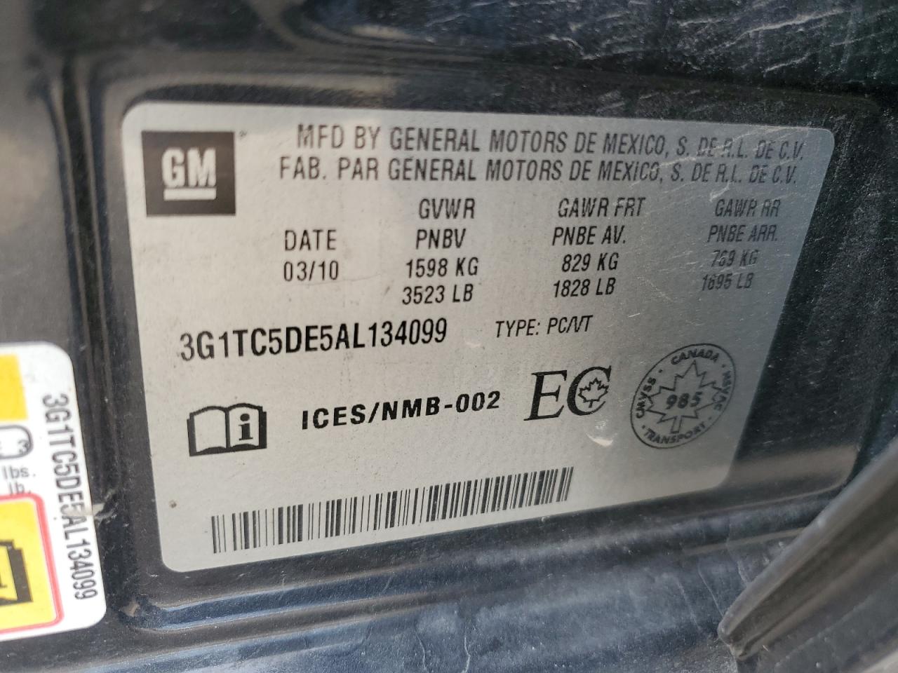 2010 Chevrolet Aveo Lt VIN: 3G1TC5DE5AL134099 Lot: 67119505