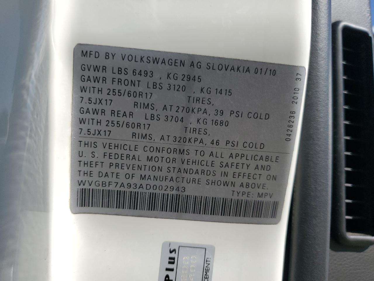 2010 Volkswagen Touareg V6 VIN: WVGBF7A93AD002943 Lot: 69794765