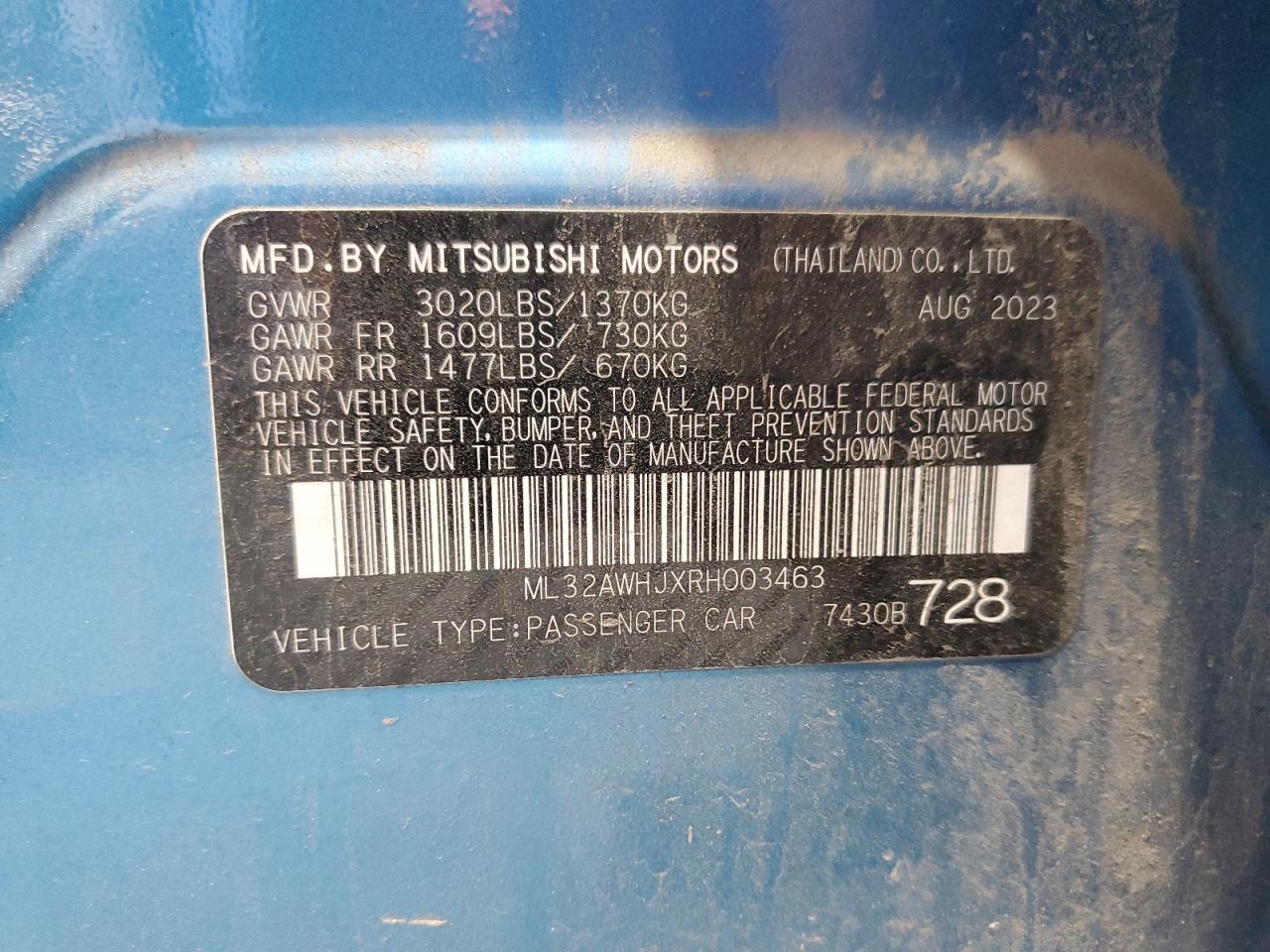 2024 Mitsubishi Mirage Se VIN: ML32AWHJXRH003463 Lot: 70305785