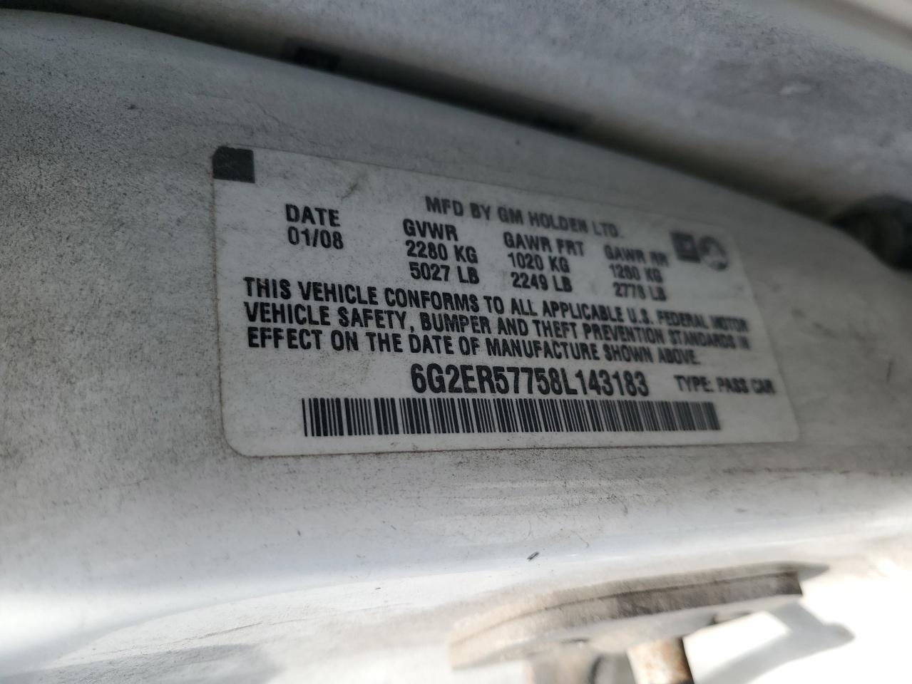 2008 Pontiac G8 VIN: 6G2ER57758L143183 Lot: 67204305