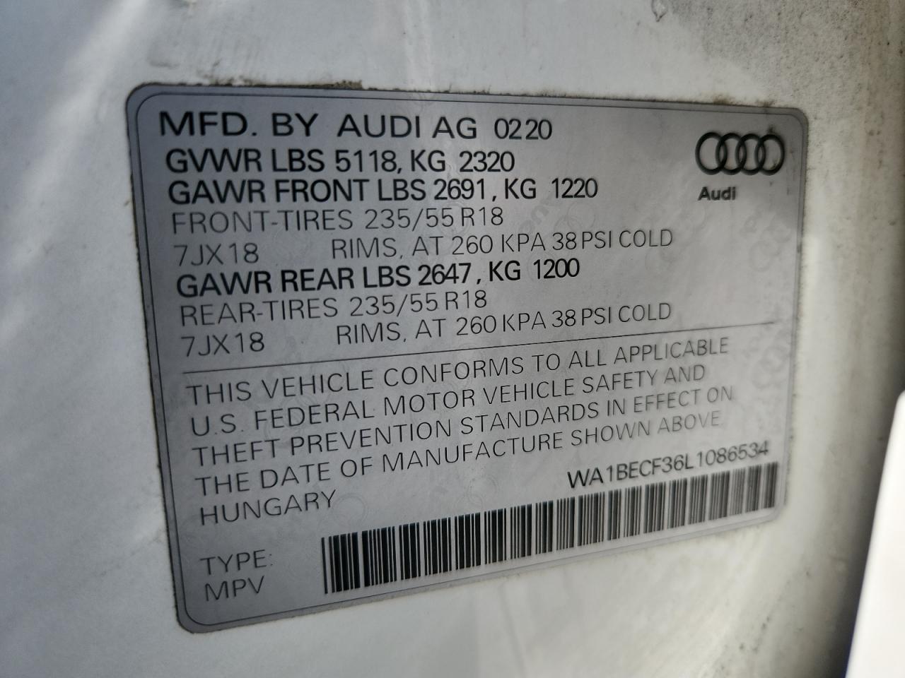 2020 Audi Q3 Premium Plus VIN: WA1BECF36L1086534 Lot: 70048105
