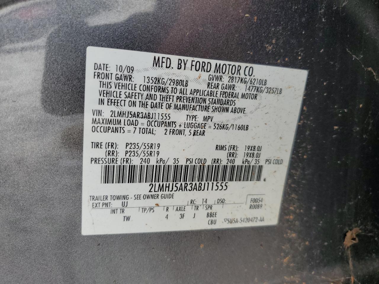 2010 Lincoln Mkt VIN: 2LMHJ5AR3ABJ11555 Lot: 69755445