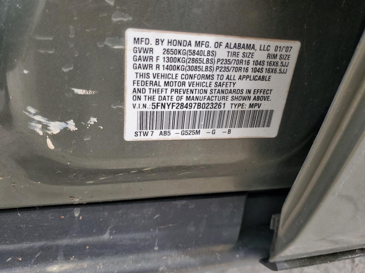 2007 Honda Pilot Ex VIN: 5FNYF28497B023261 Lot: 70487105