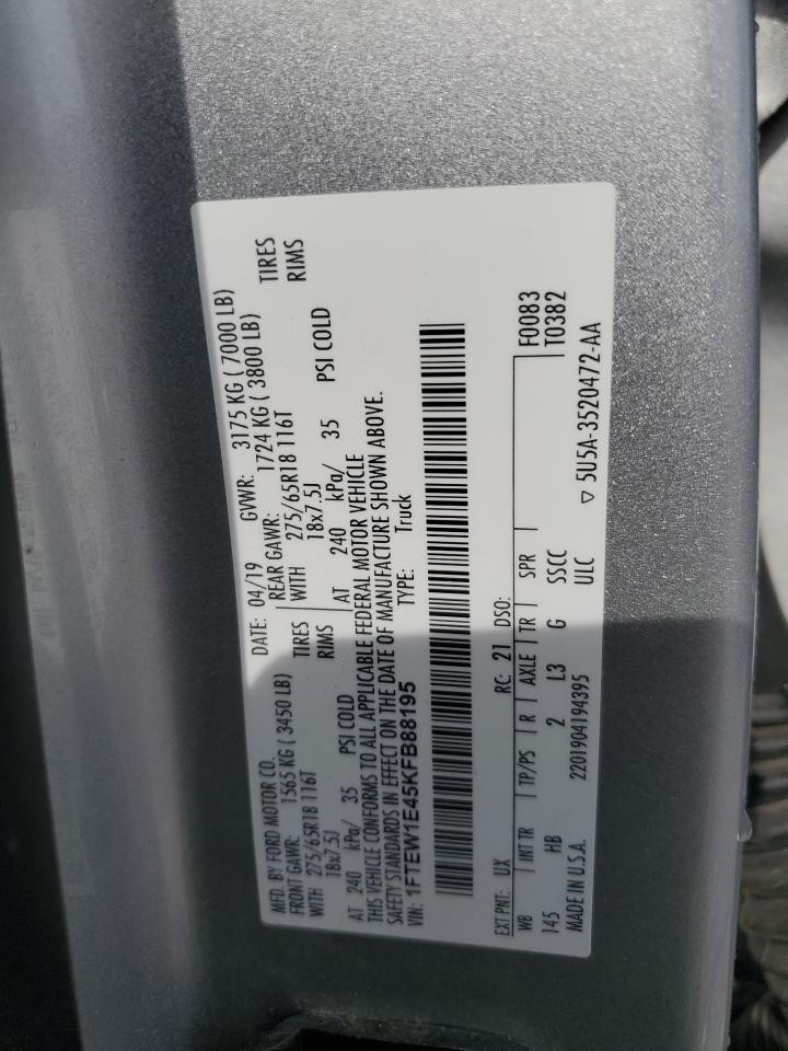2019 Ford F150 Supercrew VIN: 1FTEW1E45KFB88195 Lot: 70554255