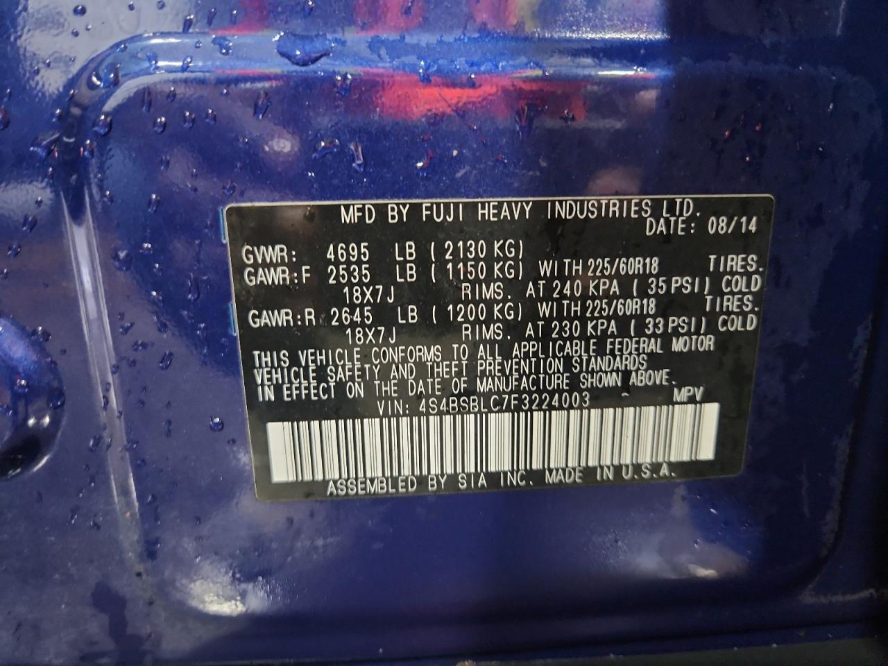 2015 Subaru Outback 2.5I Limited VIN: 4S4BSBLC7F3224003 Lot: 67315265