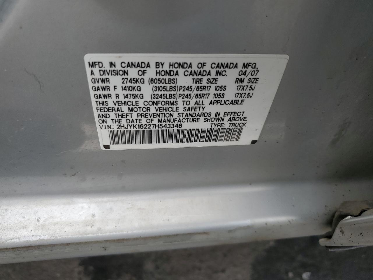 2007 Honda Ridgeline Rt VIN: 2HJYK16227H543346 Lot: 68398015