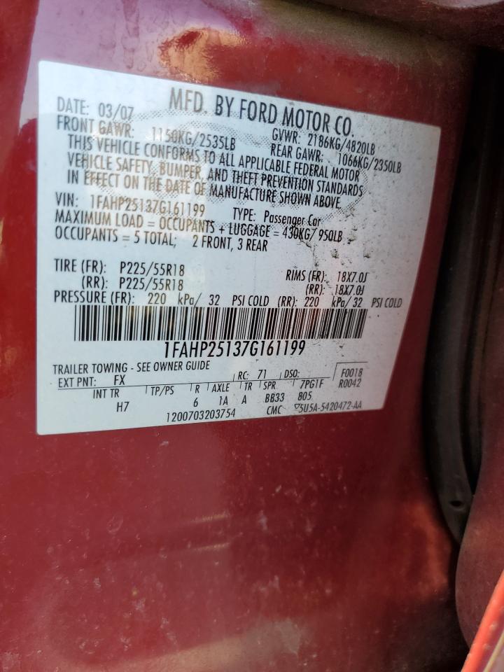 2007 Ford Five Hundred Limited VIN: 1FAHP25137G161199 Lot: 68977655