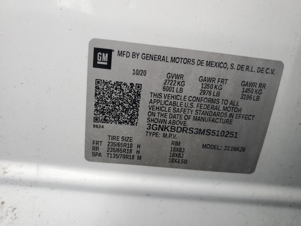 2021 Chevrolet Blazer 3Lt VIN: 3GNKBDRS3MS510251 Lot: 68019555