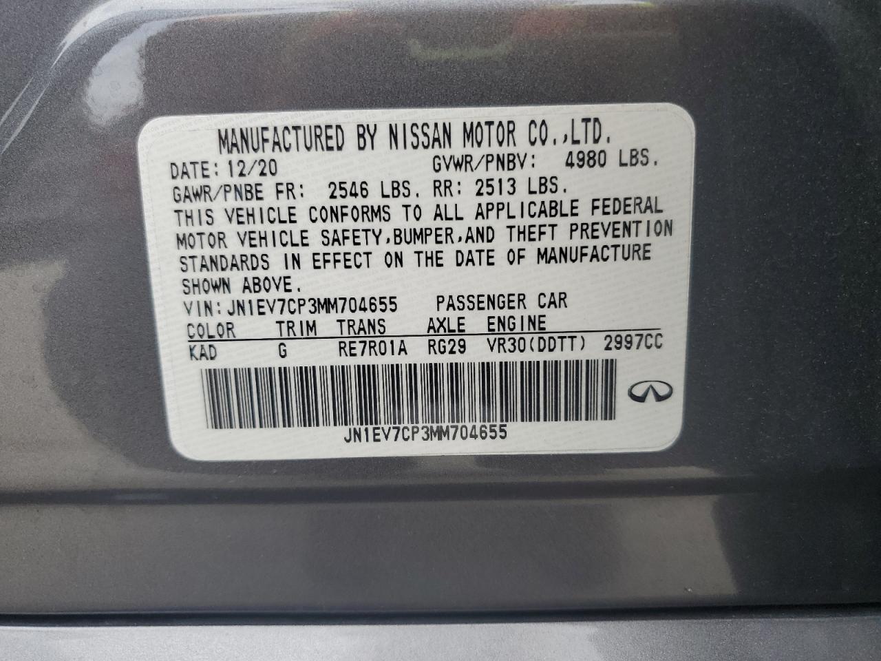 2021 Infiniti Q50 Sensory VIN: JN1EV7CP3MM704655 Lot: 67004665