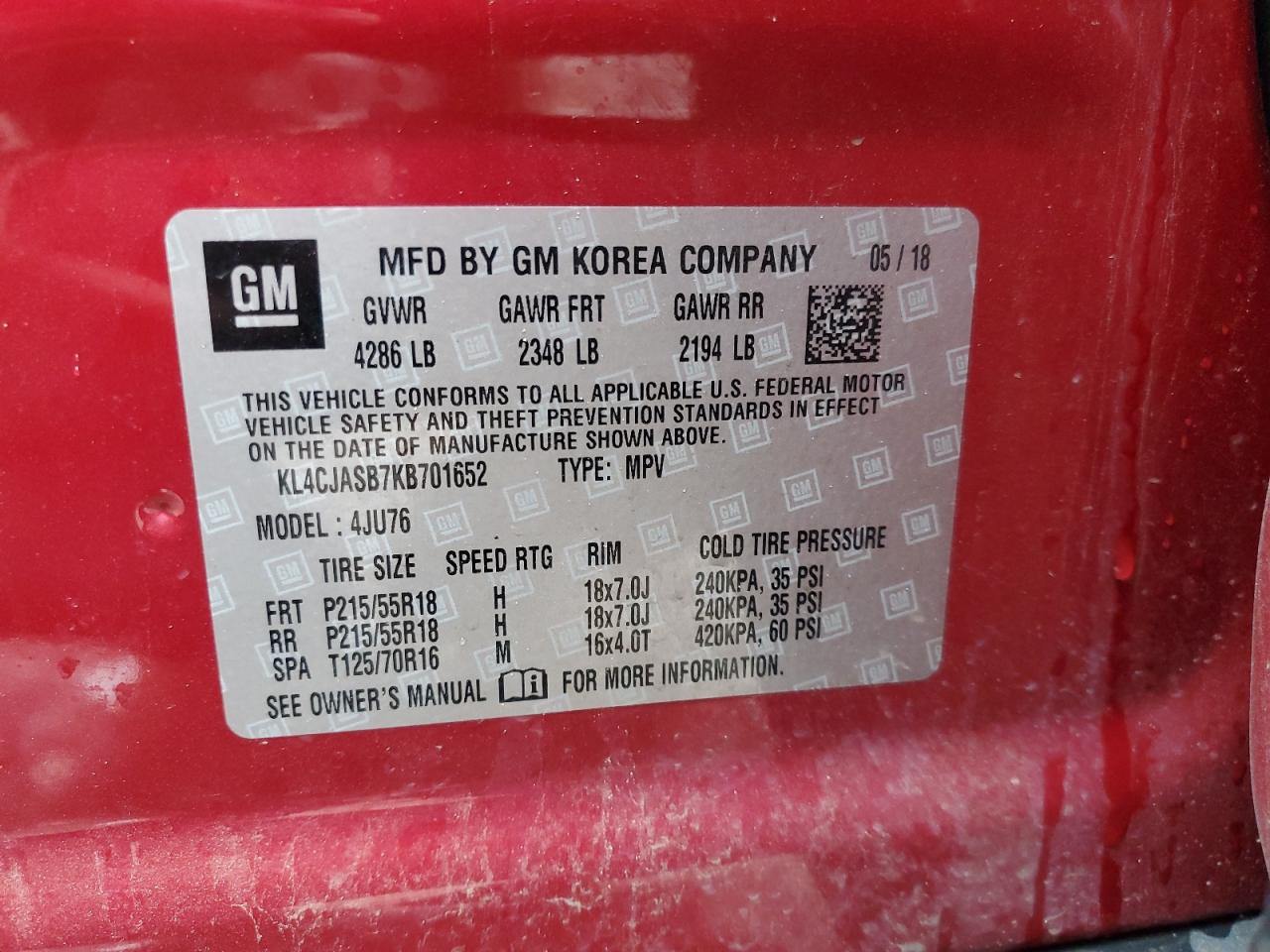 2019 Buick Encore Preferred VIN: KL4CJASB7KB701652 Lot: 70313595