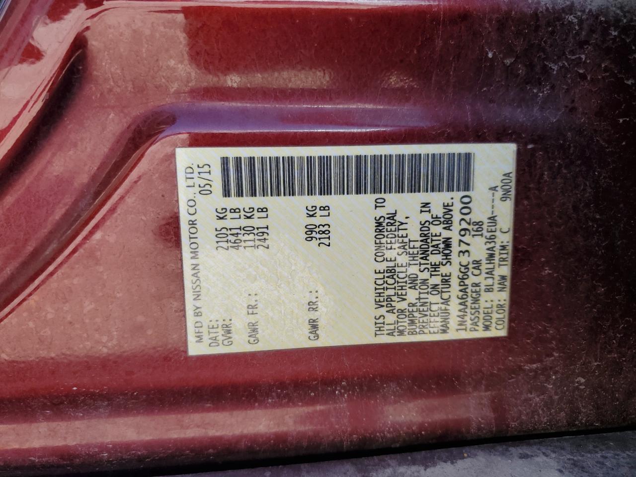 2016 Nissan Maxima 3.5S VIN: 1N4AA6AP6GC379200 Lot: 68918715