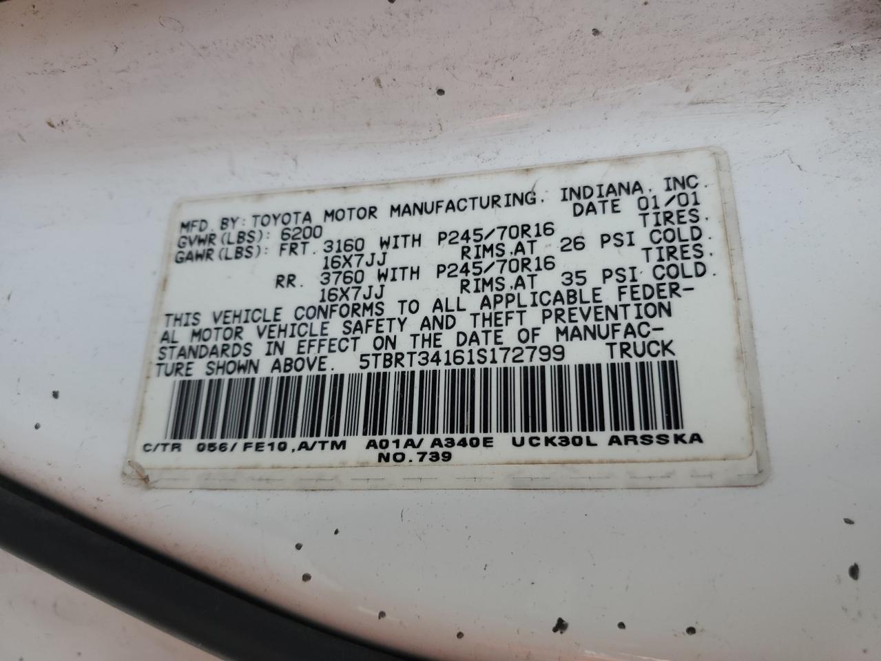 2001 Toyota Tundra Access Cab VIN: 5TBRT34161S172799 Lot: 67008675