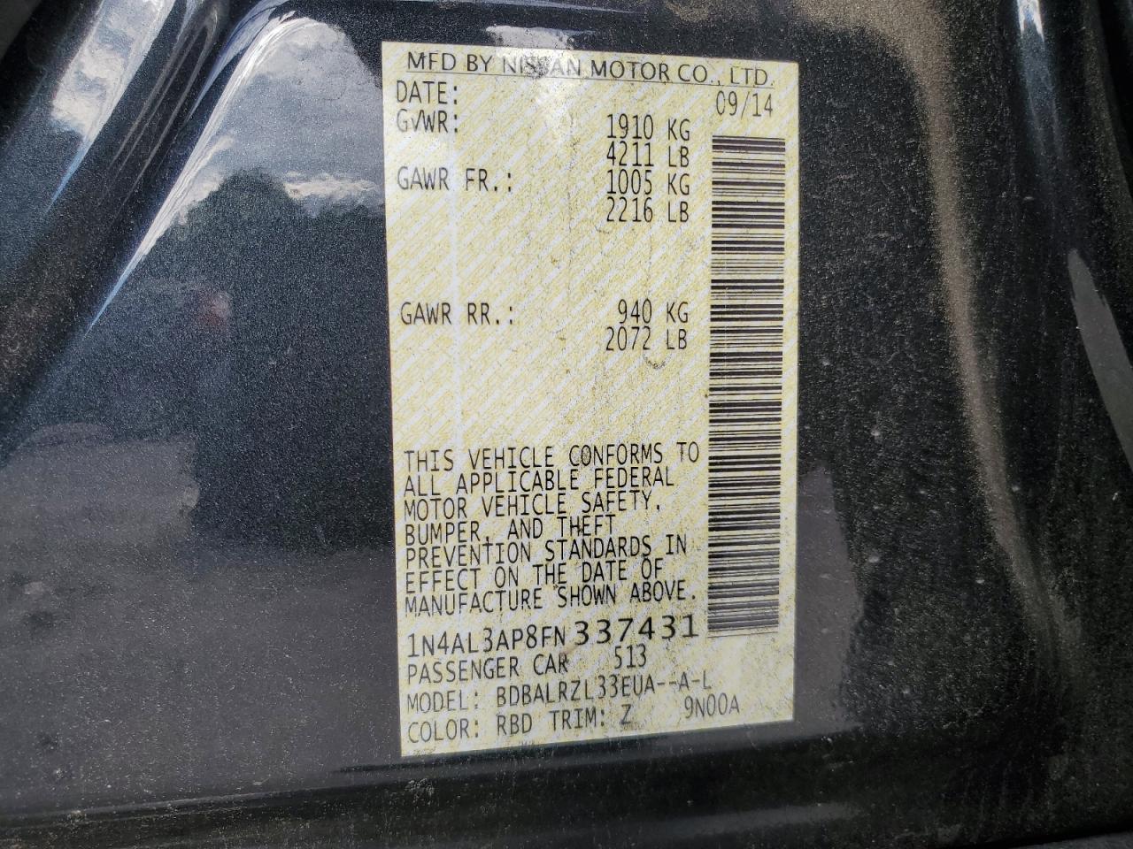 2015 Nissan Altima 2.5 VIN: 1N4AL3AP8FN337431 Lot: 70023205